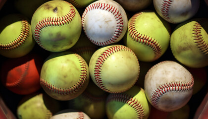 Close-up of a full bucket of softballs. Generative ai illustration