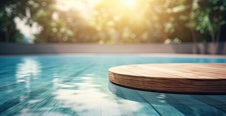 Abstract pool ambiance. Blurred pool background with wooden table for product showcase