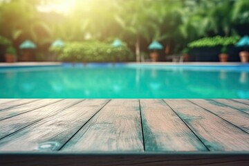 Abstract pool ambiance. Blurred pool background with wooden table for product showcase