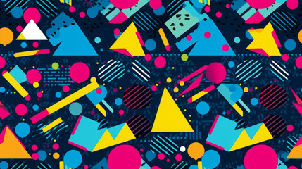 Seamless pattern background of retro vibrant pattern composed of geometric shapes in neon colors. Triangles, circles and squiggly lines