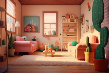 Cozy Cartoon 3D Room Designed for Children's Animation generative AI