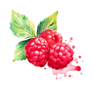 raspberries with leafs and splash of juice, on white background, watercolor illustration