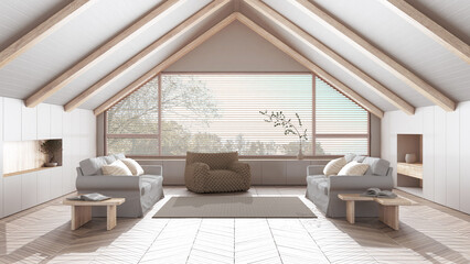 Penthouse interior design, minimal living room with sloping bleached wooden ceiling and big panoramic window in white tones. Fabric sofas and decors. Japandi scandinavian style