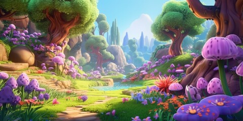Magical 3D Cartoon Forest and Gardens on an Alien Planet for Kids' Animation generative AI