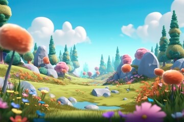 Magical 3D Cartoon Forest and Gardens on an Alien Planet for Kids' Animation generative AI