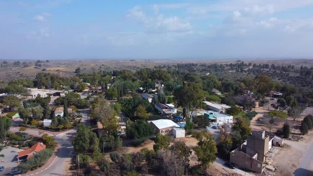 Video of drone view of a green kibbutz in Israel