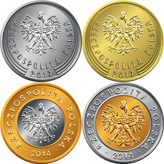vector set of obverse Polish Money zloty and grosz gold and silver coins with eagle in a crown - obrazy, fototapety, plakaty