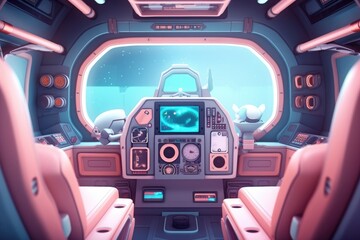 Futuristic spaceship cockpit with advanced controls and panoramic window