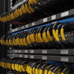 On the equipment end, there are tidy network cables with labels.