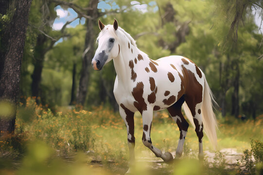 American Paint Horse - United States - Known for their colorful coat patterns, Paint Horses are versatile and excel in both Western and English disciplines (Generative AI)