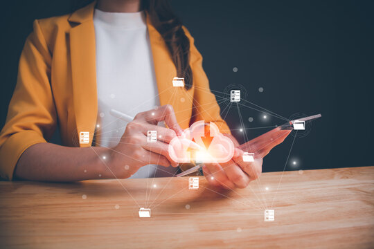 Businesswoman using virtual cloud digital tablet network and icon connection data information. Cloud for sharing download upload knowledge technology information, communication, internet, big data.