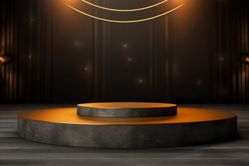 Modern background platform with orange podium. stand show cosmetic product. Generative AI
