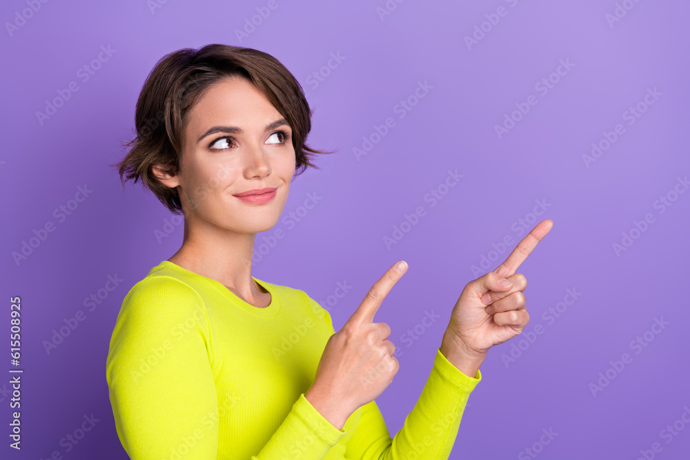 Poster photo of young girl wear top look interested recommend her new job workshop direct fingers look mock