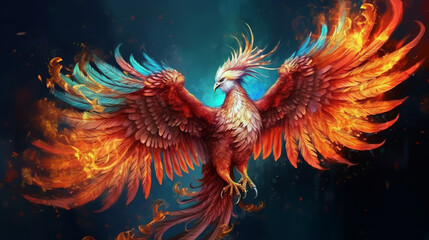 Mythical phoenix with open wings illustration with bright colors
