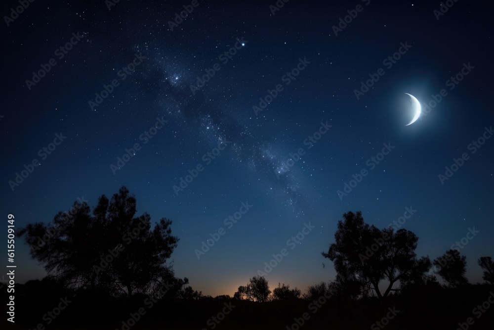 Poster celestial objects in the night sky, with a view of the moon and stars, created with generative ai