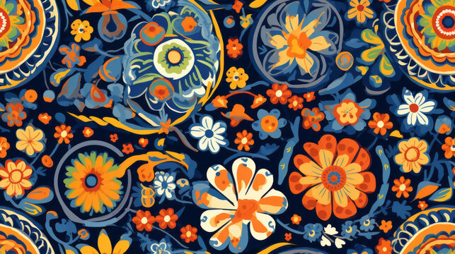 Seamless pattern background influenced by the colorful designs of traditional Mexican textiles