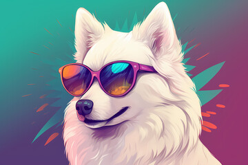 Cute Samoyed wearing Sunglasses, Colorful Background, AI-Generated Image	
