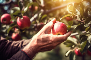 Generative AI illustration of crop male farmer collecting ripe apples in garden on sunny day