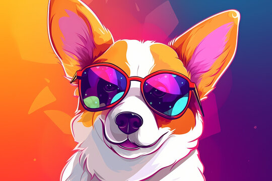 Cute Corgie wearing Sunglasses, Colorful Background, AI-Generated Image	
