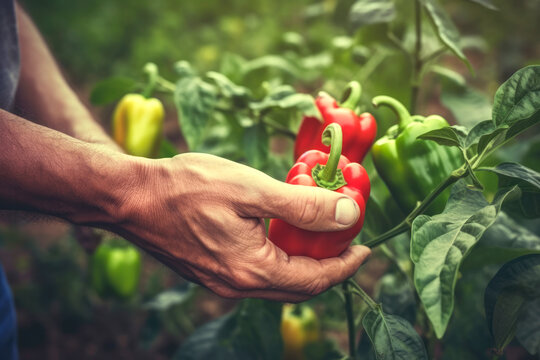 Generative AI illustration of crop male farmer picking up sweet juicy red bell pepper with hands from plant on farm while working