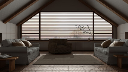 Dark late evening scene, penthouse interior design, minimal living room with sofas. Sloping wooden ceiling and panoramic window. Sofas and decors. Japandi scandinavian style - obrazy, fototapety, plakaty