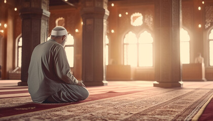 Naklejka premium Religious muslim man praying inside the mosque, Islamic prayer, Old man on his knees praying on hte Holy month of the Ramadan
