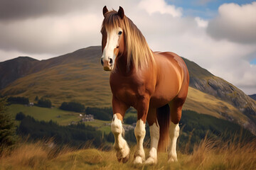 Obraz premium Welsh Cob - Wales - A versatile breed used for riding, driving, and even jumping, known for their strength and agility (Generative AI)