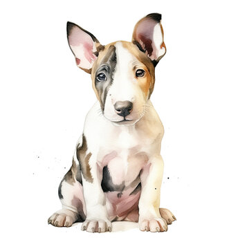 Bull terrier puppy. Stylized watercolour digital illustration of a cute dog with big brown eyes