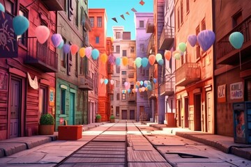 Fototapeta premium Colorful cartoon city street with vibrant buildings and clear sky