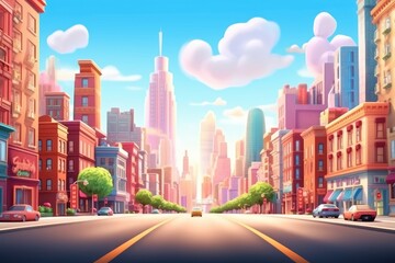 Obraz premium Colorful cartoon city street with vibrant buildings and clear sky
