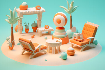 a summer house with a beach chair and a table