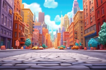 Obraz premium Colorful cartoon city street with vibrant buildings and clear sky