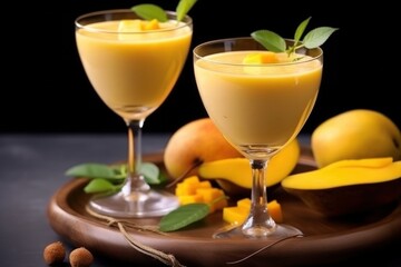 Indian mango cocktail lassi with honey for breakfast, healthy food concept, generative AI content.