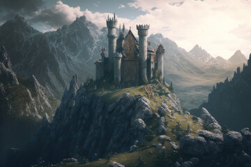 Obraz premium Ancient fairytale castle in the mountains. AI generative.