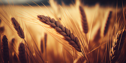 Ripe ears of wheat on the field, close-up. Generative AI