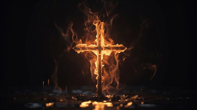 A Christian cross burns with fire against a black background. Generative AI.