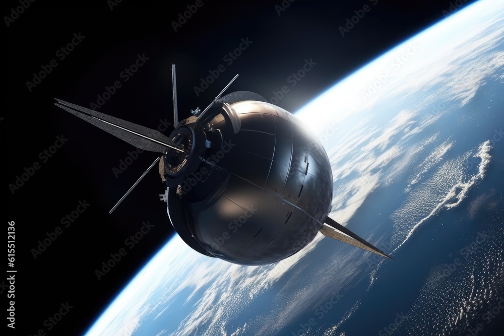 Poster shot of a futuristic spacecraft orbiting the earth, created with generative ai