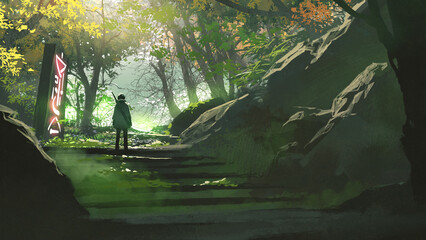 young man traveling in futuristic forest, digital art style, illustration painting