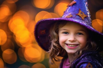 A joyful and whimsical Halloween - themed portrait of a little girl dressed as a friendly witch. Generative AI