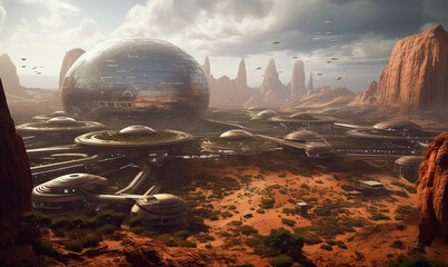 Generative AI illustration of futuristic city on planet with connected buildings and high rocks