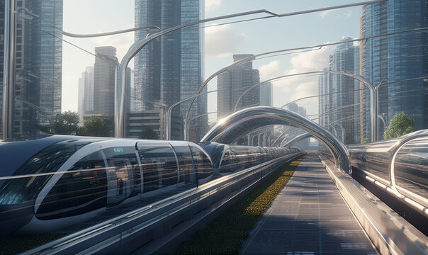 Generative AI illustration of futuristic railroad station with contemporary train located among high skyscrapers in big city