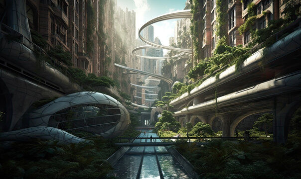 Generative AI illustration of eco futuristic cityscape full with greenery growing on skyscrapers located between river in city