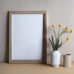 Empty wooden picture frame mockup hanging on beige wall background. Boho shaped vase, dry flowers on table. Cup of coffee. Working space, home office. Art, poster display. Modern interior. Blank frame