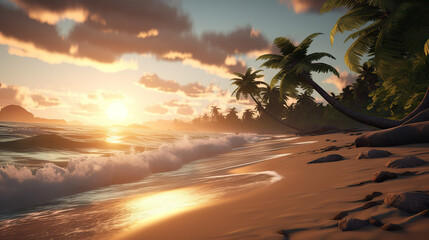 Fototapeta na wymiar Serene Morning at a Beautiful Beach Tranquil Palm Trees and Calm Sea Waves. created with Generative AI