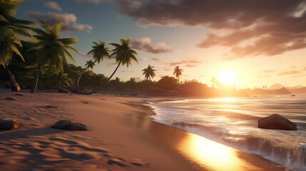 Fototapeta premium Serene Morning at a Beautiful Beach Tranquil Palm Trees and Calm Sea Waves. created with Generative AI