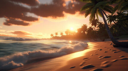 Serene Morning at a Beautiful Beach Tranquil Palm Trees and Calm Sea Waves. created with Generative AI