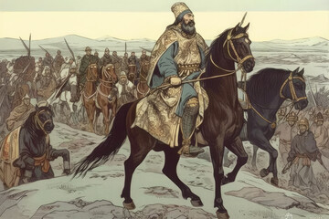 A great war leader commanding the vast Mongol army on horseback, surveying the battlefield. Mongol military historic illustration