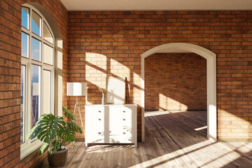Fototapeta na wymiar luxurious loft apartment with arched window and minimalistic interior living room design; 3D Illustration