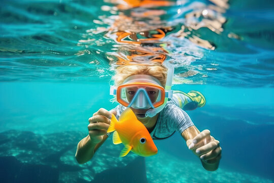 A boy diving after an orange fish. Generative AI