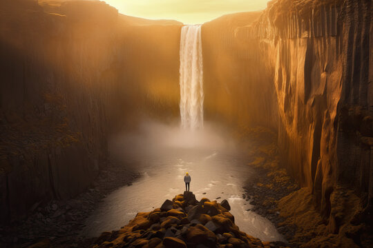 Anonymous person contemplating a waterfall in Iceland. Generative AI